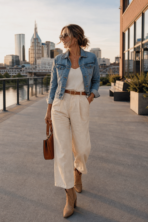Woman wearing a denim jacket, white top, cream wide-leg pants, and cowboy boots by the Nashville riverfront.