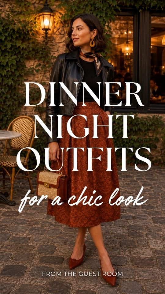 Woman wearing a dinner night outfit with a black leather jacket over a black top with a rust patterned midi skirt, pointed shoes, scarf