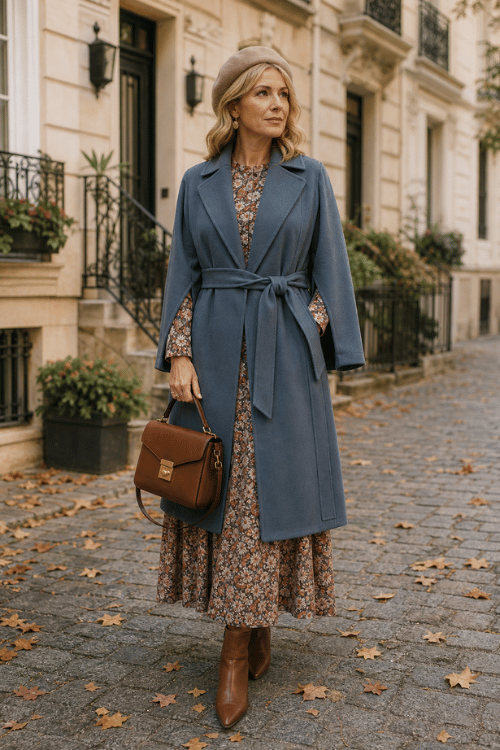 Woman wearing a dusty blue belted cape coat over a floral maxi dress with brown ankle boots, a brown handbag, and a beige beret.
