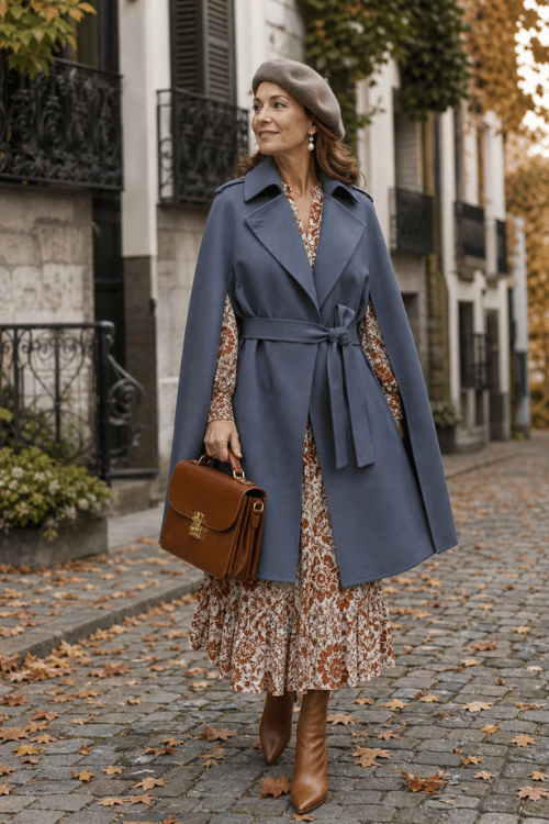 Woman wearing a dusty blue belted cape coat over a floral midi dress with tan pointed-toe boots, a brown handbag, and a taupe beret.