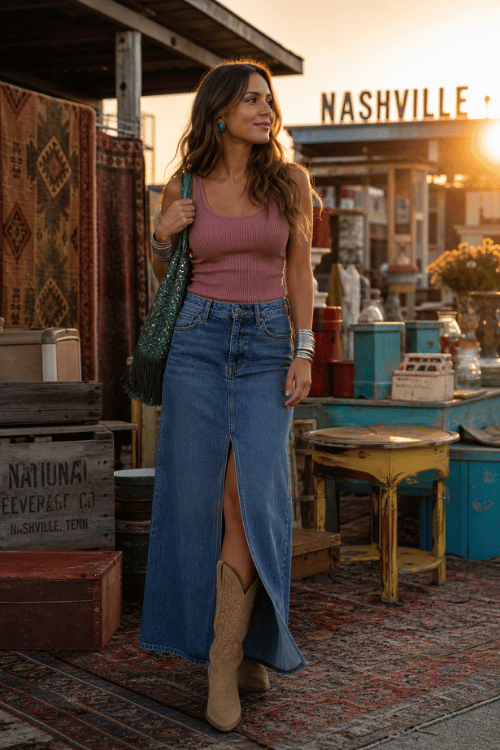 Woman wearing a dusty rose tank top, denim maxi skirt, and tan cowboy boots at a Nashville market.