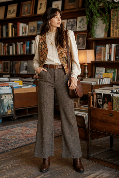 Woman wearing a floral tapestry vest with wide-leg trousers and brown ankle boots.
