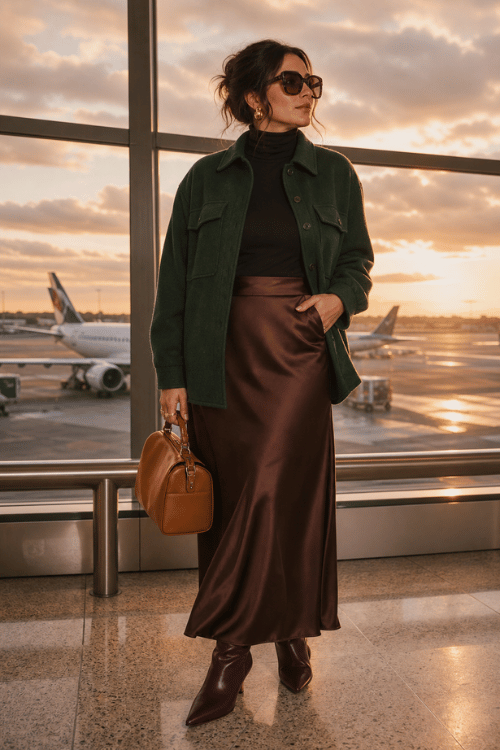 Woman wearing a forest green overshirt over a black turtleneck with a chocolate satin midi skirt, brown pointed-toe boots, and a tan handbag