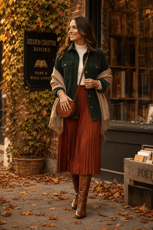 Woman wearing a forest green overshirt over a cream turtleneck with a rust pleated midi skirt, brown knee-high boots, and a tan crossbody bag.