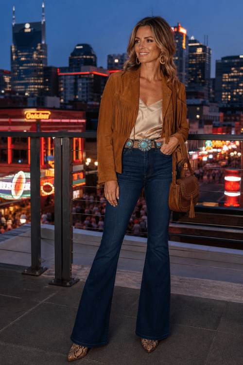 Woman wearing a fringe suede jacket, satin camisole, flare jeans, and snakeskin boots overlooking Nashville nightlife.