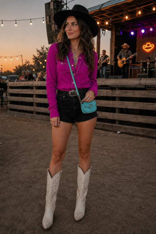 Woman wearing a fuchsia western shirt, black shorts, white cowboy boots, and a black hat at a country concert.