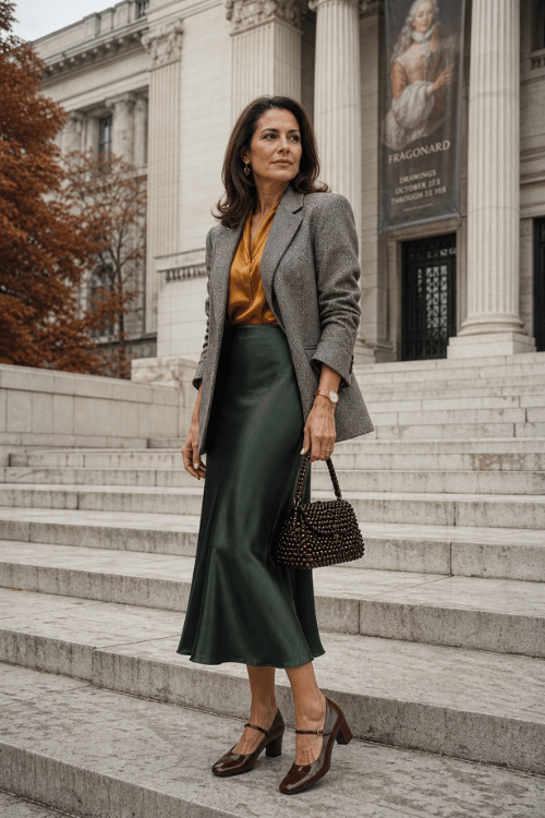 Woman wearing a gray blazer with a gold satin blouse and a dark green satin midi skirt.