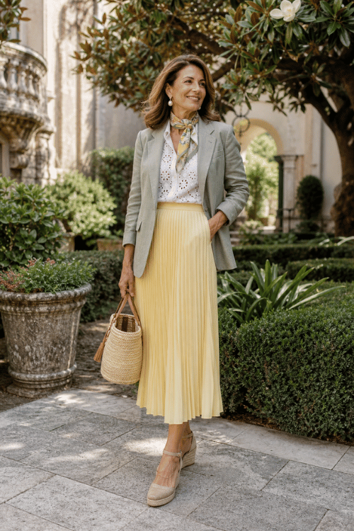 Woman wearing a gray blazer with a white eyelet blouse and yellow pleated midi skirt.