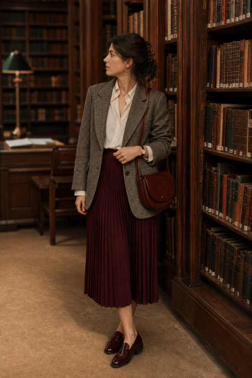 Woman wearing a gray tweed blazer over a cream button-up blouse with a burgundy pleated midi skirt, burgundy loafers, a brown leather crossbody bag, and a gold wristwatch in a classic library.
