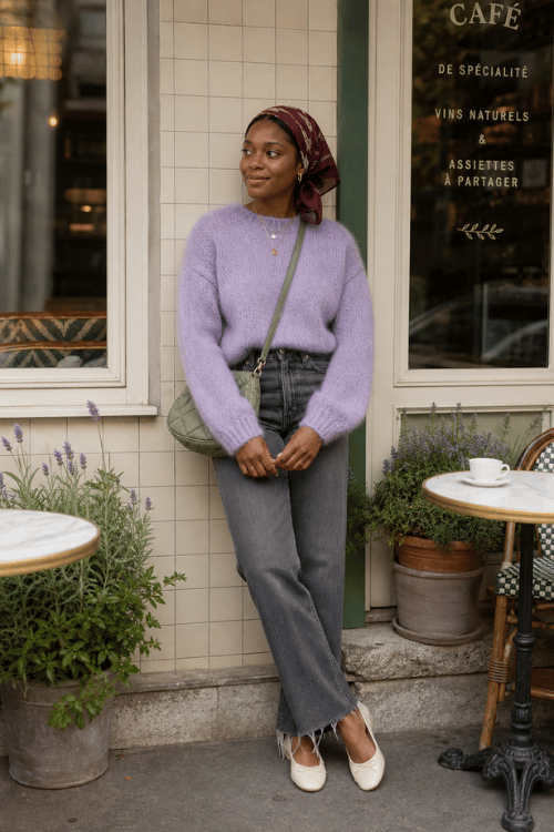 Woman wearing a lavender knit sweater with gray straight-leg jeans and white flats.
