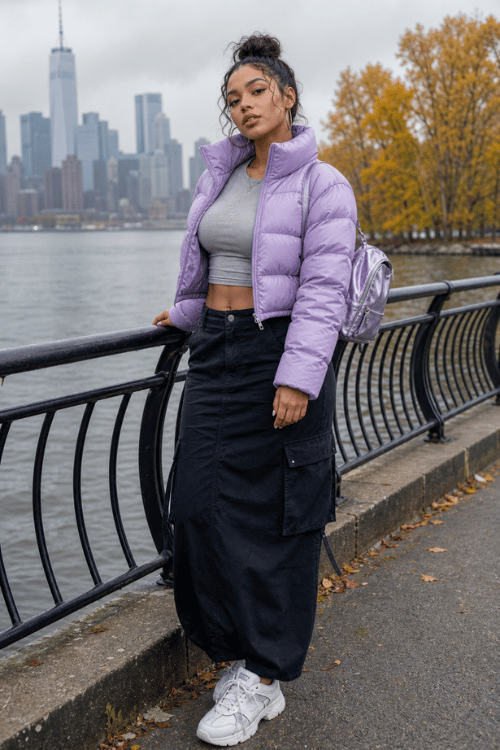 Woman wearing a lavender puffer jacket over a gray cropped top with a black cargo maxi skirt, white sneakers, and a metallic backpack.