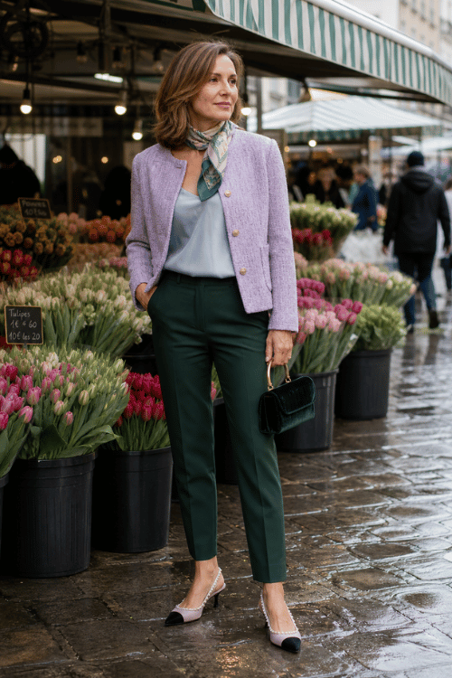 Woman wearing a lavender tweed jacket with green tailored pants and a silk neck scarf.