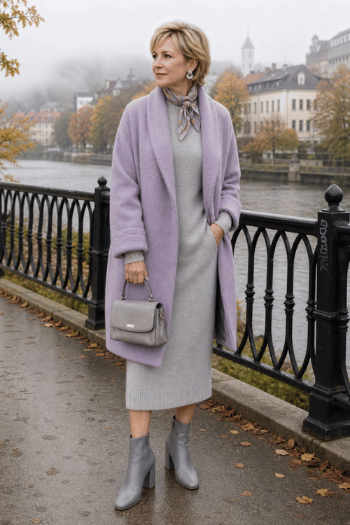 Woman wearing a lavender wool coat over a gray knit midi dress with gray ankle boots, a silk neck scarf, and a gray handbag.