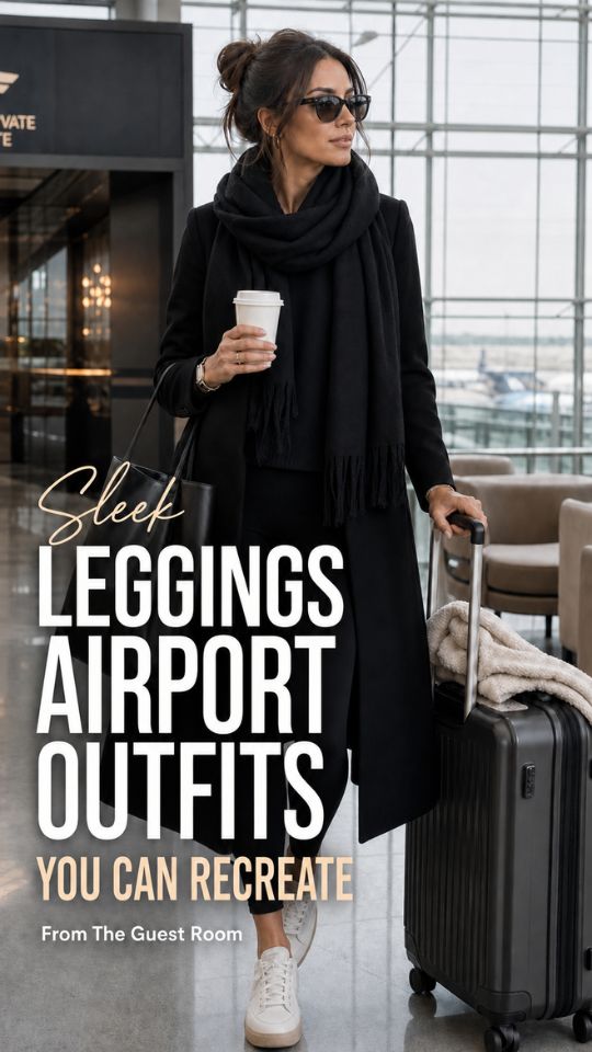 Woman wearing a leggings outfit for airport with a long black coat over a sweater, scarf, and white sneakers while carrying a black tote