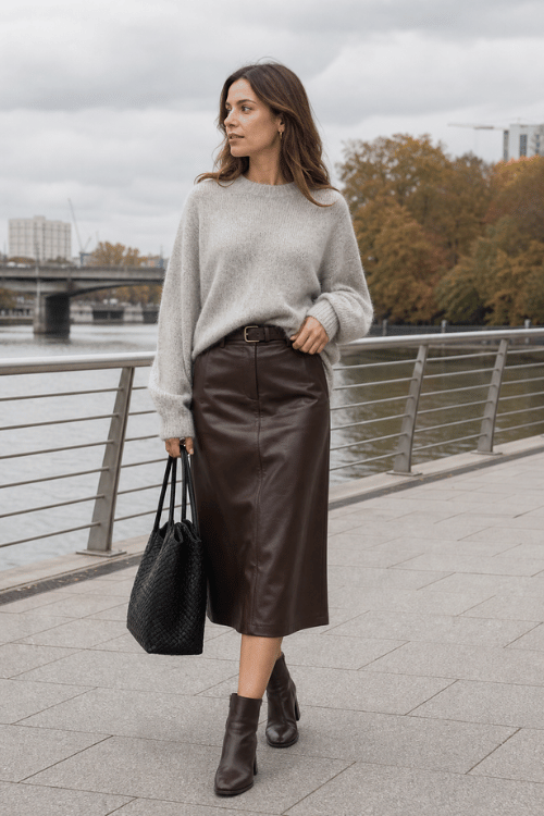 Woman wearing a light gray knit sweater with a chocolate brown leather midi skirt and dark brown ankle boots.
