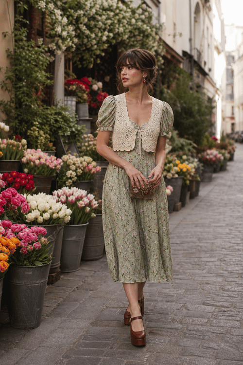 Woman wearing a light sage floral midi dress with puff sleeves, a cream crochet vest, brown Mary Jane heels, red earrings, and a beaded clutch while walking through a charming flower-lined street.
