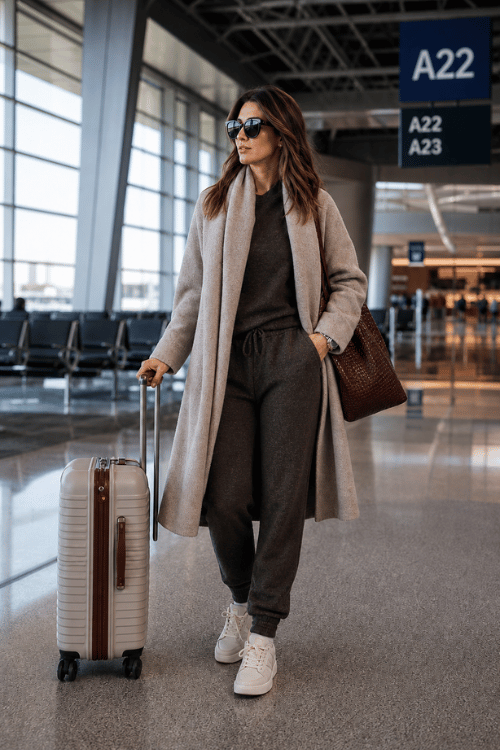Woman wearing a long beige wool coat over a charcoal knit sweatshirt with matching charcoal jogger pants, white leather sneakers, black sunglasses, a silver watch, a woven brown tote bag