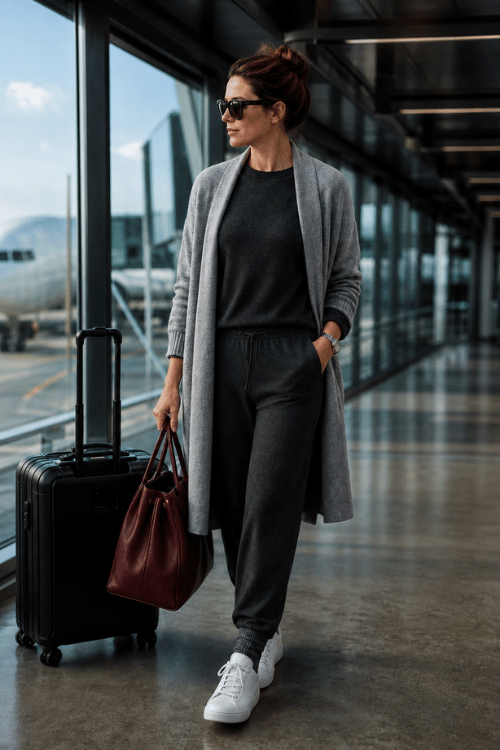 Woman wearing a long light gray cardigan over a charcoal knit top with matching charcoal jogger pants, white leather sneakers, black sunglasses, a silver watch, and a burgundy leather tote bag