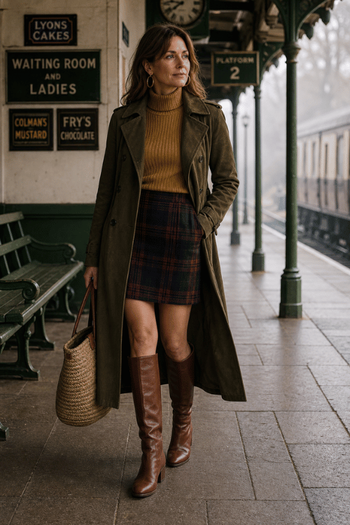 Woman wearing a long olive coat with a plaid mini skirt and knee-high boots.