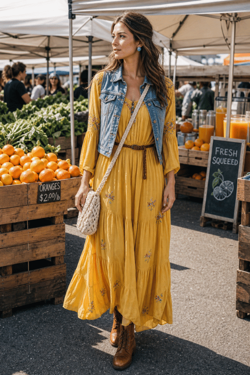 Woman wearing a mustard floral maxi dress with a denim vest and brown lace-up boots.