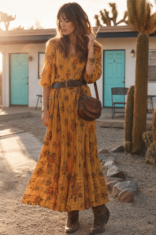 Woman wearing a mustard floral maxi dress with brown cowboy boots and a leather belt.