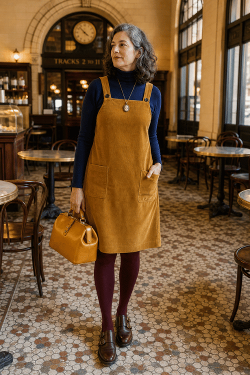 Woman wearing a mustard pinafore dress with a navy turtleneck and burgundy tights.