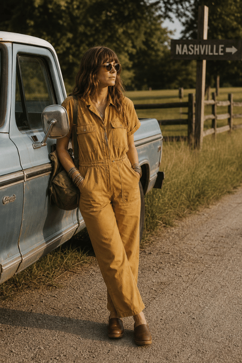 Woman wearing a mustard utility jumpsuit with brown clogs beside a vintage truck near Nashville.