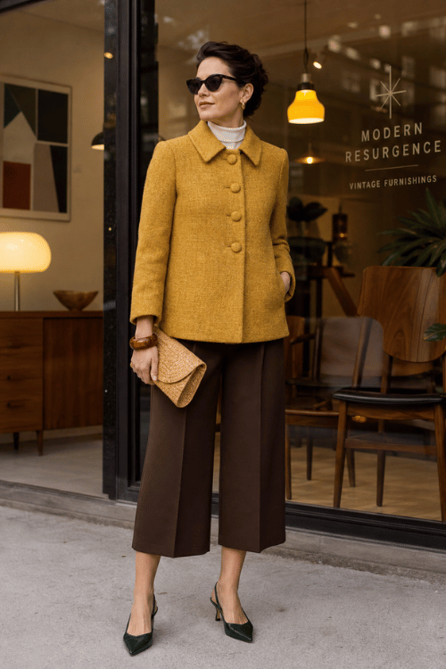 Woman wearing a mustard wool jacket with brown cropped trousers and black pointed heels.