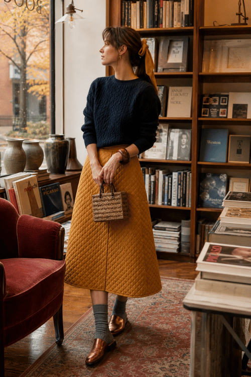 Woman wearing a navy cable knit sweater with a quilted mustard midi skirt and brown loafers.