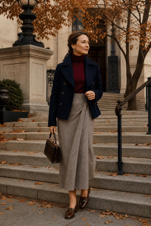 Woman wearing a navy cropped coat over a burgundy turtleneck with a taupe wrap midi skirt, brown loafers, and a structured handbag.