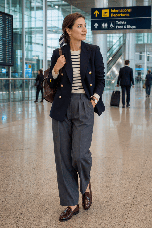 Woman wearing a navy double-breasted blazer over a striped sweater with gray tailored trousers and brown loafers.