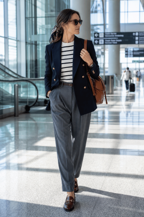 Woman wearing a navy double-breasted blazer over a striped sweater with gray tailored trousers, brown loafers, and a brown leather backpack.