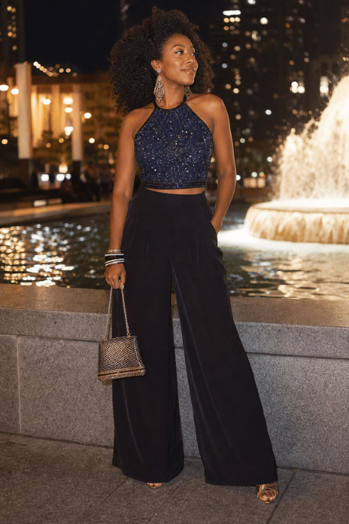 Woman wearing a navy embellished halter top with black wide-leg evening pants.