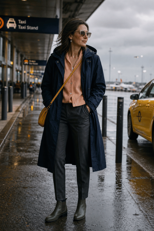 Woman wearing a navy hooded raincoat over a white button-front cardigan with charcoal tailored ankle pants, olive green Chelsea boots, sunglasses, drop earrings, and a mustard crossbody bag