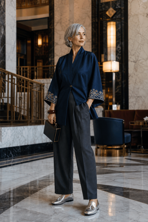 Woman wearing a navy kimono jacket with gray tailored trousers and silver loafers.