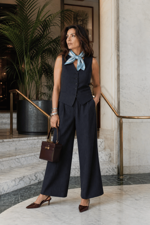 Woman wearing a navy sleeveless vest and matching wide-leg trousers with a blue neck scarf.