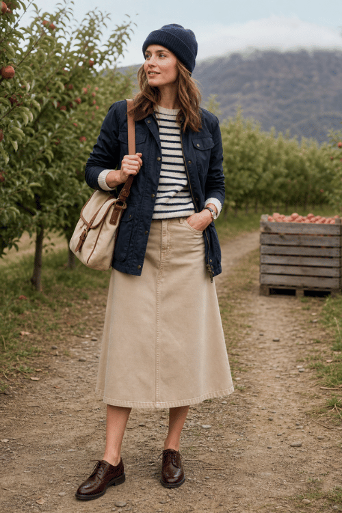 Woman wearing a navy utility jacket over a striped sweater with a beige denim midi skirt, brown Oxford shoes, and a knit beanie.