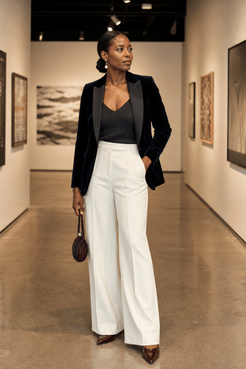Woman wearing a navy velvet blazer with white wide-leg trousers and brown pointed heels.
