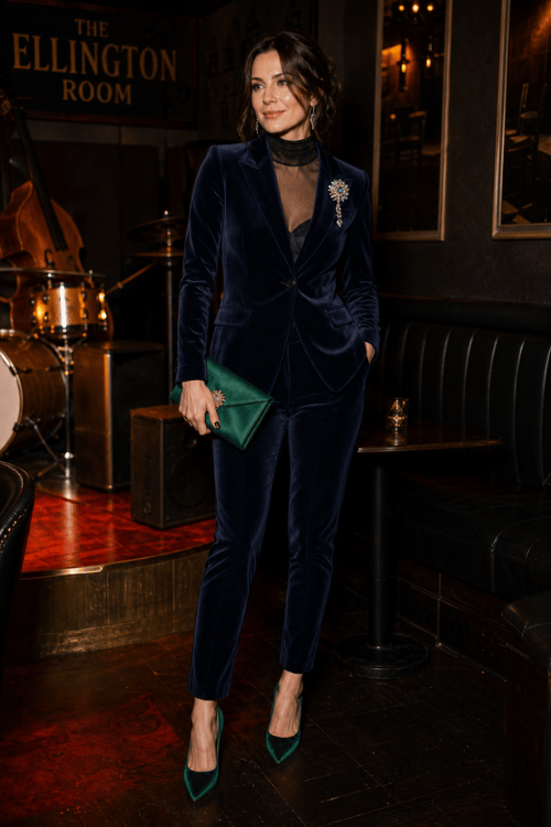 Woman wearing a navy velvet pantsuit with emerald pumps and a green clutch.