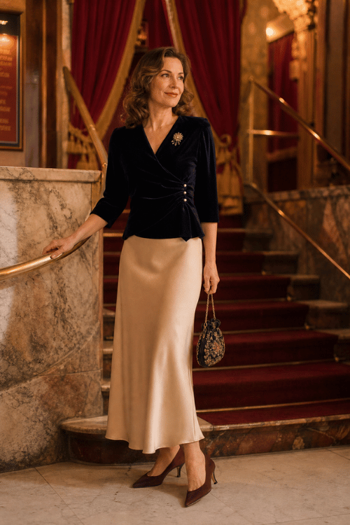 Woman wearing a navy velvet wrap blouse with a champagne satin midi skirt and burgundy heels.