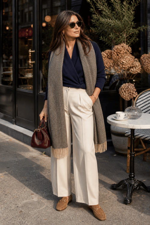 Woman wearing a navy wrap top with ivory wide-leg trousers, a long herringbone scarf, and tan loafers.