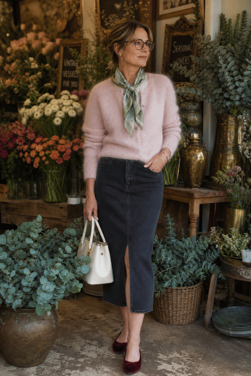 Woman wearing a pink cardigan with a dark denim midi skirt and burgundy velvet flats.
