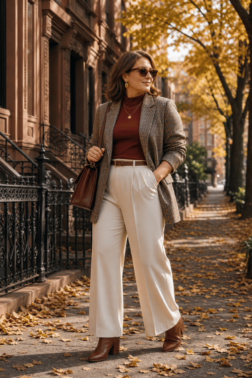 Woman wearing a plaid blazer with a burgundy turtleneck and cream wide leg trousers.