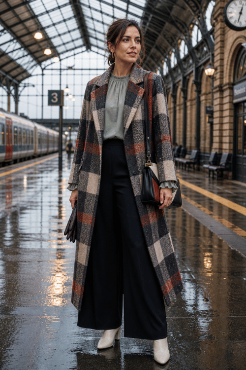 Woman wearing a plaid long coat over a sage blouse with black wide-leg trousers, ivory ankle boots, and a black shoulder bag.
