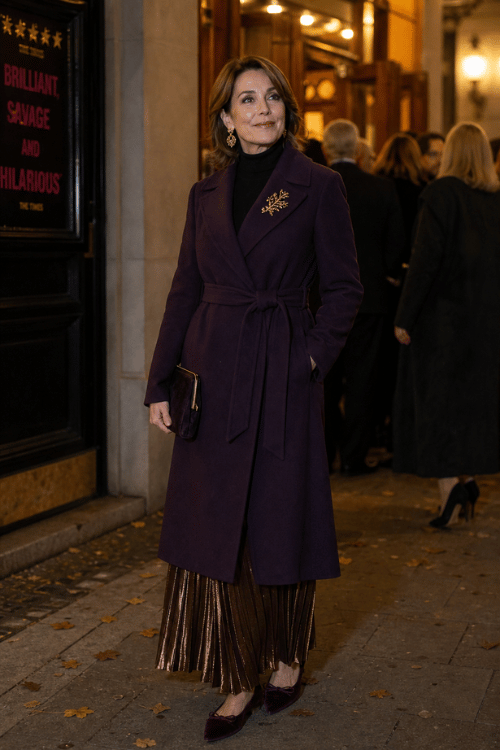 Woman wearing a plum belted coat over a black turtleneck with a bronze pleated skirt, burgundy velvet flats, and a matching clutch.