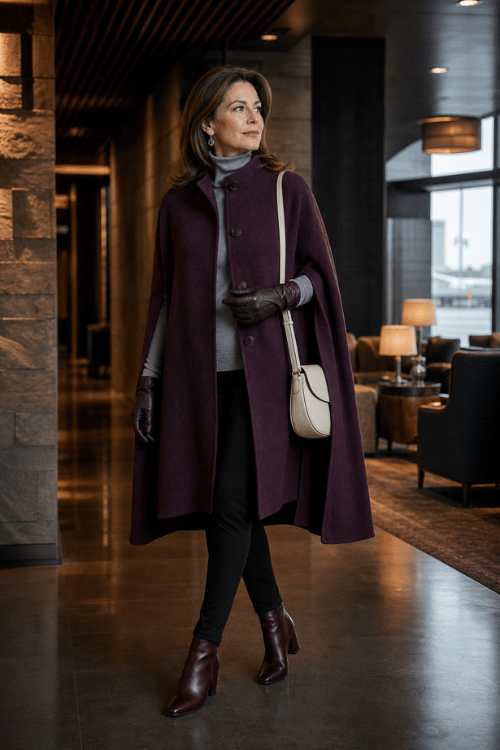 Woman wearing a plum cape coat over a gray turtleneck with black pants, burgundy ankle boots, and a cream shoulder bag.