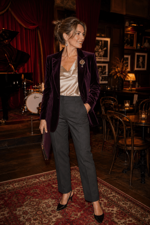 Woman wearing a plum velvet blazer, satin camisole, black trousers, and pointed heels in a jazz lounge.