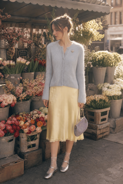 Woman wearing a powder blue cardigan with a pale yellow satin midi skirt and silver flats.