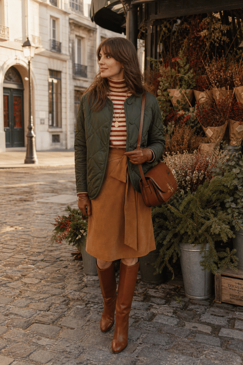 Woman wearing a quilted green jacket with a striped turtleneck, tan wrap skirt, and brown knee-high boots.