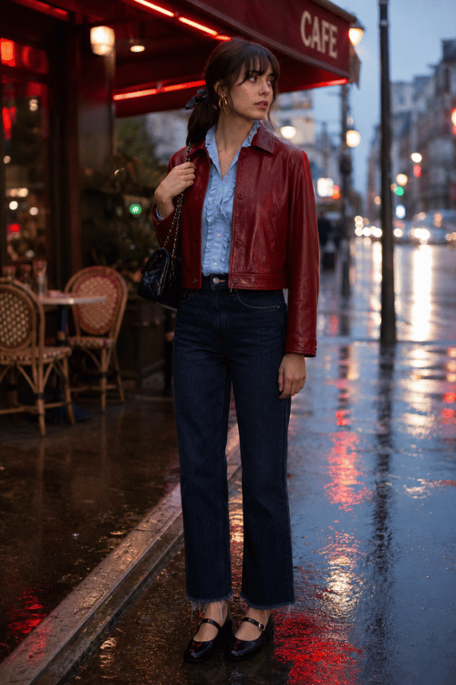 Woman wearing a red leather jacket with a blue shirt, dark jeans, and black Mary Jane flats.